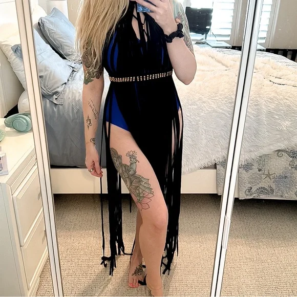 Black Fringe Maxi Cover Up One Size Halter Sheer Beach Dress Gold Waist Detail - Picture 4 of 14